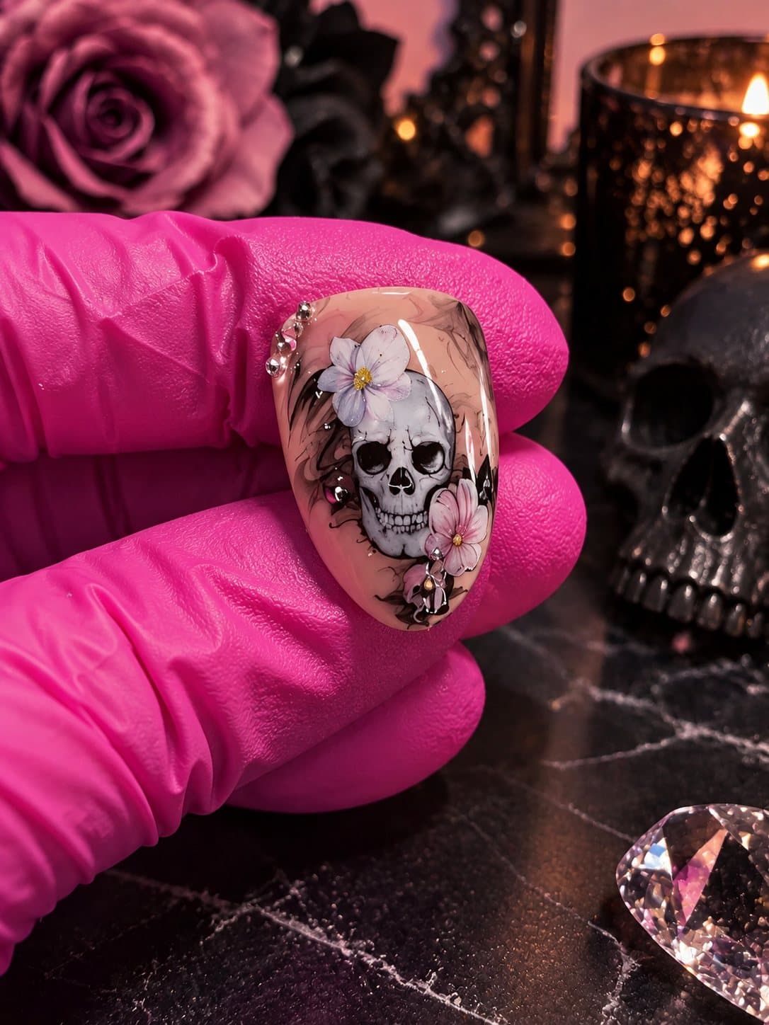 Floral Skull press-on nail set