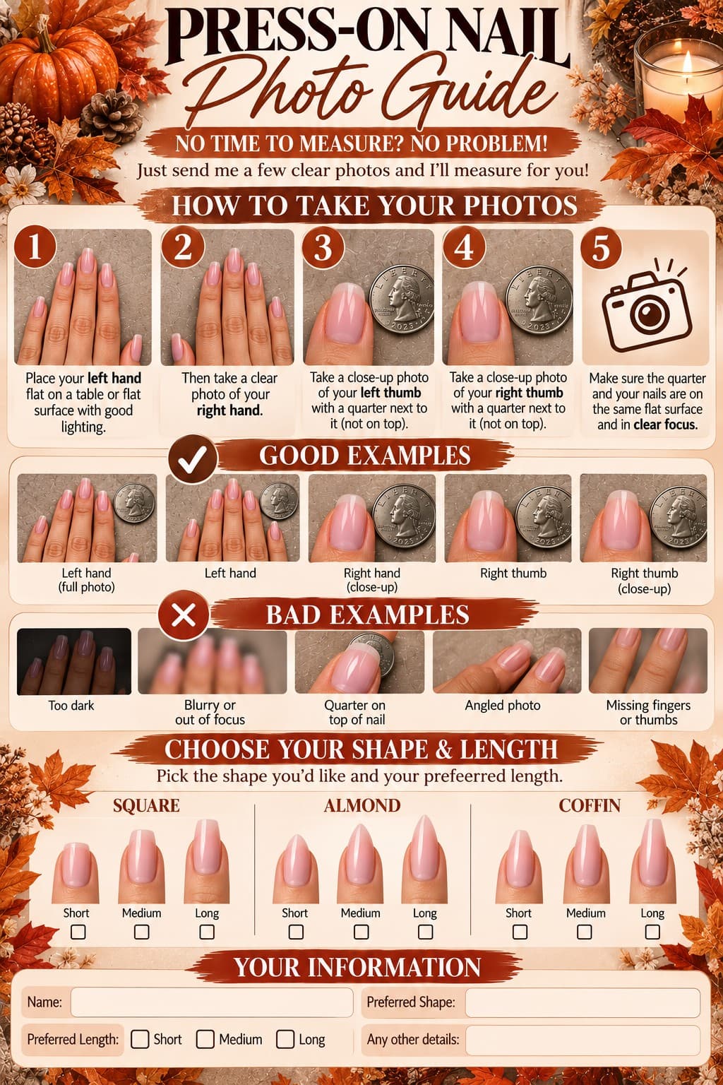Photo sizing guide: photos of each hand and each thumb next to a quarter, good and bad examples, and the shapes and lengths to choose from