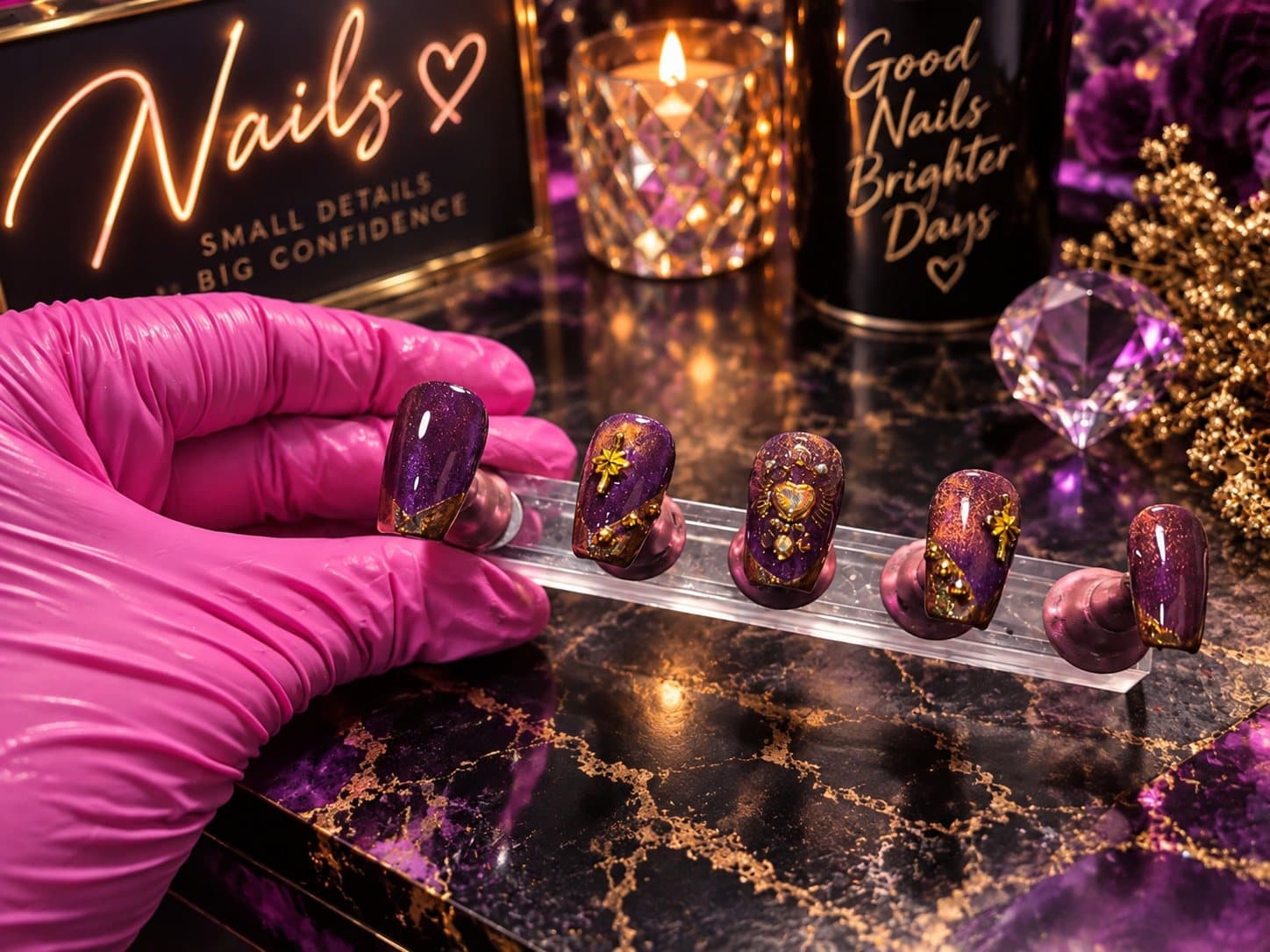 Deizy holding a finished set of purple and gold press-on nails