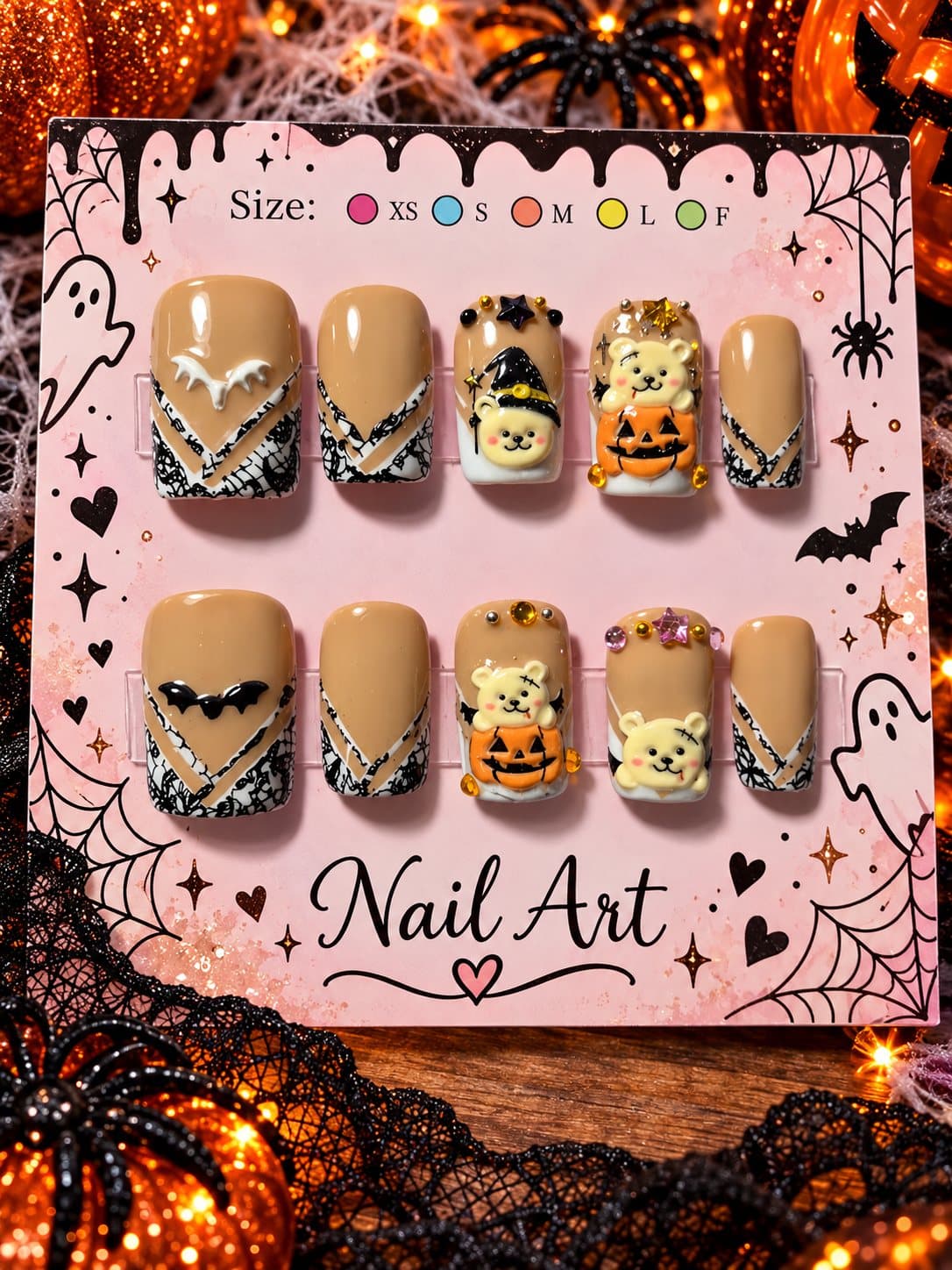 Pumpkin Bears press-on nail set